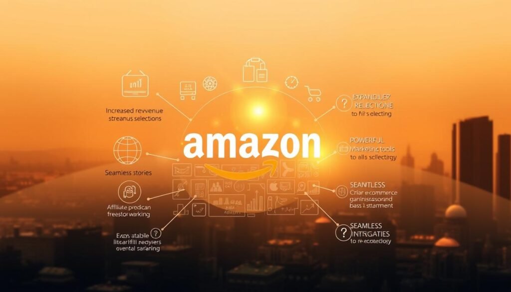 A beautifully designed and visually compelling illustration depicting the key benefits of the Amazon Affiliate Program. In the foreground, a stylized Amazon logo shines brightly, surrounded by a halo of glowing light. Emerging from the logo are dynamic icons representing the core program benefits - increased revenue streams, expansive product selection, powerful marketing tools, and seamless integration. The midground features a collage of product images, e-commerce graphs, and success stories, all framed by a sleek, minimalist layout. The background depicts a serene, futuristic cityscape, hinting at the global reach and growth potential of the affiliate program. The entire scene is bathed in a warm, inviting color palette, creating a sense of opportunity and profitability. Crisp, high-resolution photography and muted, sophisticated textures lend an air of sophistication and credibility to the overall design.