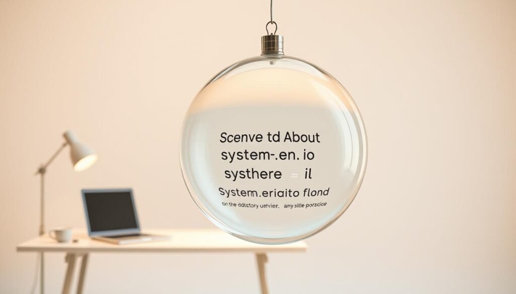 A crisply lit studio scene featuring a floating, translucent glass sphere suspended in the foreground. Inside the sphere, text appears to be floating, displaying various &quot;FAQs About systeme.io Pricing&quot;. The middle ground features a minimalist desk with a sleek laptop and a modern lamp, while the background is a softly blurred neutral space, creating a sense of depth and focus on the central sphere. The lighting is warm and natural, casting subtle shadows and highlights that accentuate the smooth, reflective surface of the glass. The overall mood is one of clarity, sophistication, and ease of access to information.
