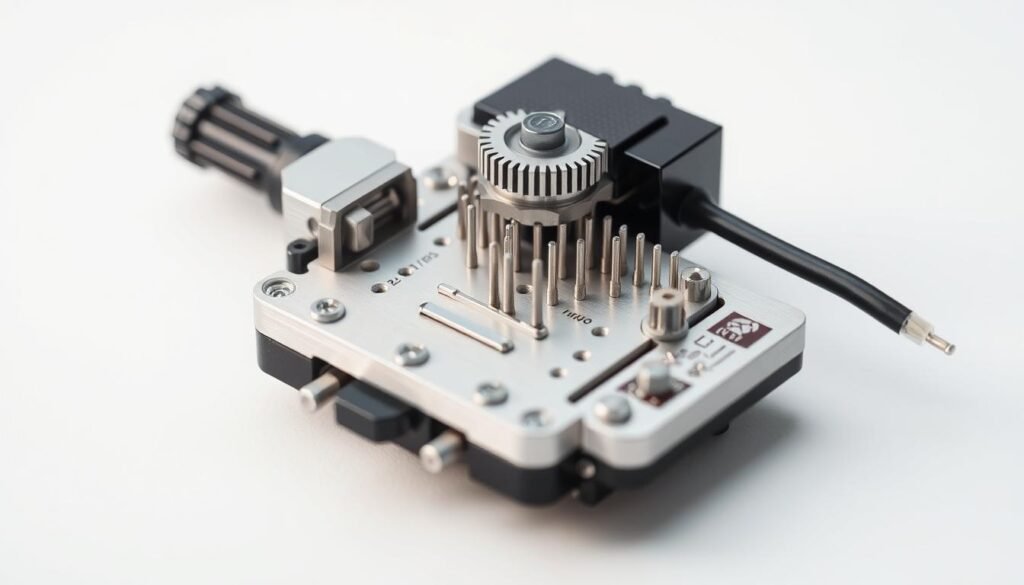 A detailed, close-up view of a pin generator device, showcasing its key features. The device is shown on a clean, minimal white backdrop, allowing its intricate components to be the focal point. The lighting is soft and diffused, creating an even, high-quality illumination that highlights the metallic textures and precise engineering. The camera angle is positioned slightly above the device, providing an angled perspective that emphasizes the device's sleek, modern design. The prompt should convey a sense of precision, functionality, and technical sophistication, reflecting the subject matter of the article.