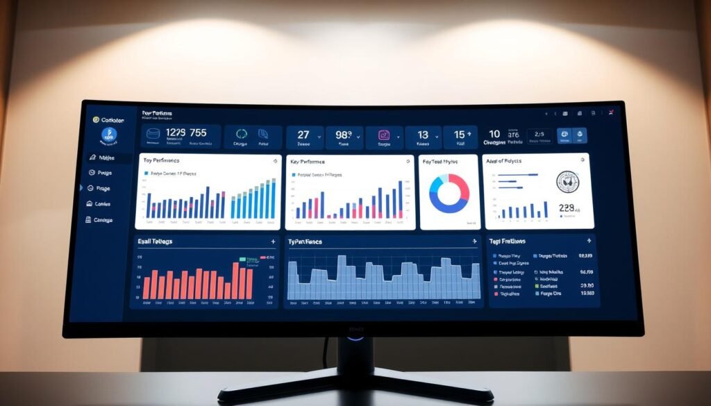 A high-level software dashboard displayed on a sleek, ultrawide monitor. In the foreground, a clean and minimalist interface showcases key performance metrics, graphs, and analytics - all presented with a sophisticated, data-driven aesthetic. The middle ground features well-organized panels and intuitive controls, allowing the user to navigate the various functions of the dashboard with ease. In the background, a subtle, light-filled environment creates a sense of openness and clarity, complementing the crisp, high-definition visuals. The overall mood is one of technological sophistication, efficient workflow, and data-driven decision making.