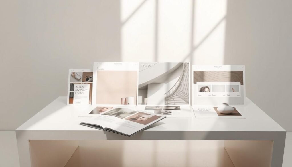 A meticulously curated collection of elegant Systeme.io templates, showcased in a well-lit, minimalist studio setting. The templates, rendered in a soft, muted color palette, are arranged artfully on a sleek, white table, their clean lines and subtle textures inviting closer inspection. Geometric shapes and subtle shadows create a sense of depth and dimensionality, while a softly diffused light source bathes the scene in a warm, natural glow. The overall mood is one of refined sophistication, highlighting the customizable nature and versatility of these high-quality Systeme.io templates.