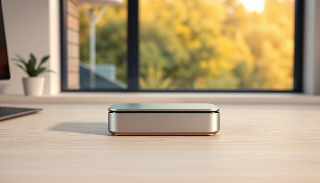 A sleek and modern desktop workspace with a central focus on a stylish, silver-colored pin generator device. The generator is positioned prominently, its matte finish and clean lines suggesting advanced functionality. The background features a minimalist, light-colored desk surface with subtle wood grain textures, complemented by a blurred, warm-toned window view in the distance, creating a sense of depth and tranquility. Indirect studio lighting casts soft, even shadows, highlighting the generator's form and materials. The overall composition conveys a balance of professionalism, innovation, and an inviting atmosphere suitable for an article introduction on pin generation.