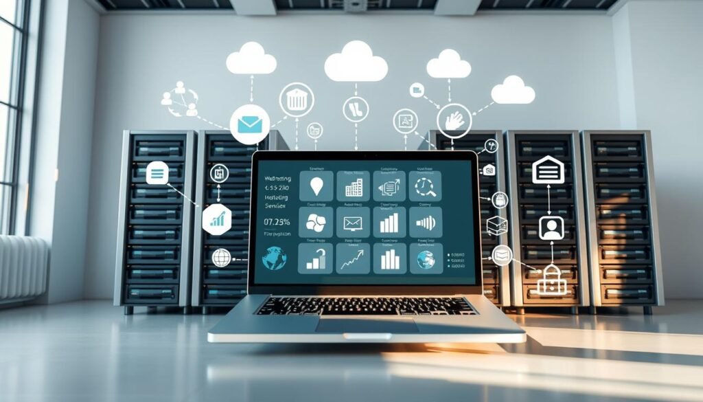 A sleek and modern web hosting services overview presented in a clean, minimalist style. A central laptop or desktop computer displays various web hosting service icons and metrics, surrounded by a minimalist array of server racks, networking equipment, and cloud computing symbols in the background. Soft, natural lighting illuminates the scene, creating a professional and trustworthy atmosphere. The composition emphasizes simplicity and clarity, guiding the viewer's attention to the key information about web hosting services.