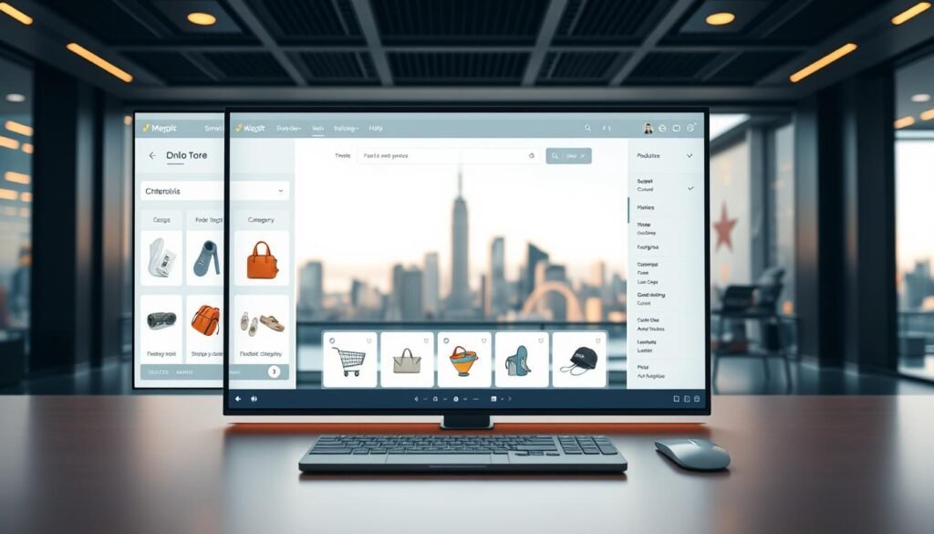 A sleek, modern online store interface with a clean, minimalist design. The foreground features a main product display with stylized product images, along with intuitive shopping cart and checkout controls. The middle ground showcases an array of product categories, navigated through a responsive menu system. In the background, a soft, blurred out city skyline creates a sense of urban connectivity. The lighting is warm and natural, with subtle highlights accentuating the crisp edges and smooth surfaces. The overall mood is one of efficiency, sophistication, and seamless digital commerce.