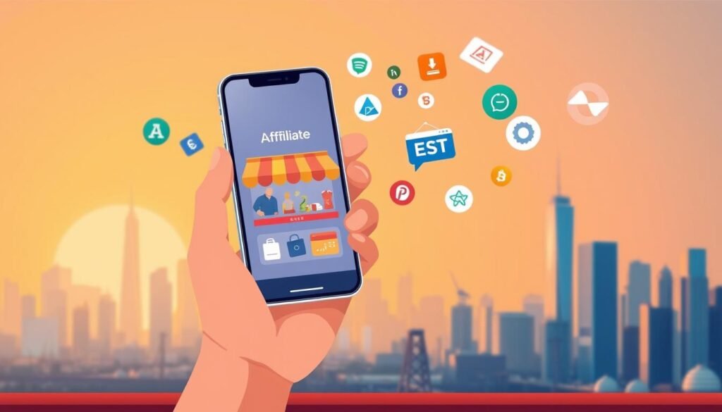 A stylized illustration of the concept of affiliate marketing. In the foreground, a hand holding a smartphone displays an online storefront, representing the affiliate platform. In the middle ground, various products and logos float, symbolizing the diverse range of offerings. In the background, a cityscape of skyscrapers and infrastructure suggests the global reach and scale of the affiliate marketing industry. Warm, vibrant colors evoke a sense of opportunity and growth, while clean, minimalist design elements convey the efficiency and streamlined nature of this digital business model.