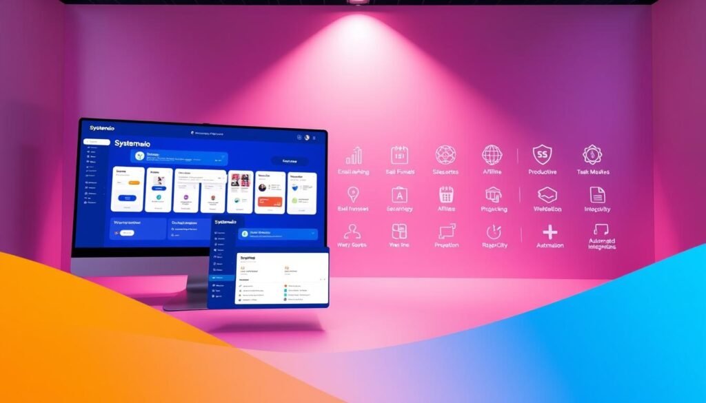 A vibrant digital workspace showcasing the key features of systeme.io, a modern and intuitive platform. In the foreground, a clean, minimalist interface displays various customizable modules, from email marketing and sales funnels to webinar hosting and affiliate management. The middle ground features an array of productivity-enhancing tools, including task management, calendar integration, and automated workflows. The background is a backdrop of sleek, geometric shapes and gradients, conveying a sense of sophistication and technological innovation. Soft, directional lighting accentuates the clean lines and elegant design, creating a visually striking and immersive scene that embodies the efficiency and versatility of the systeme.io platform.