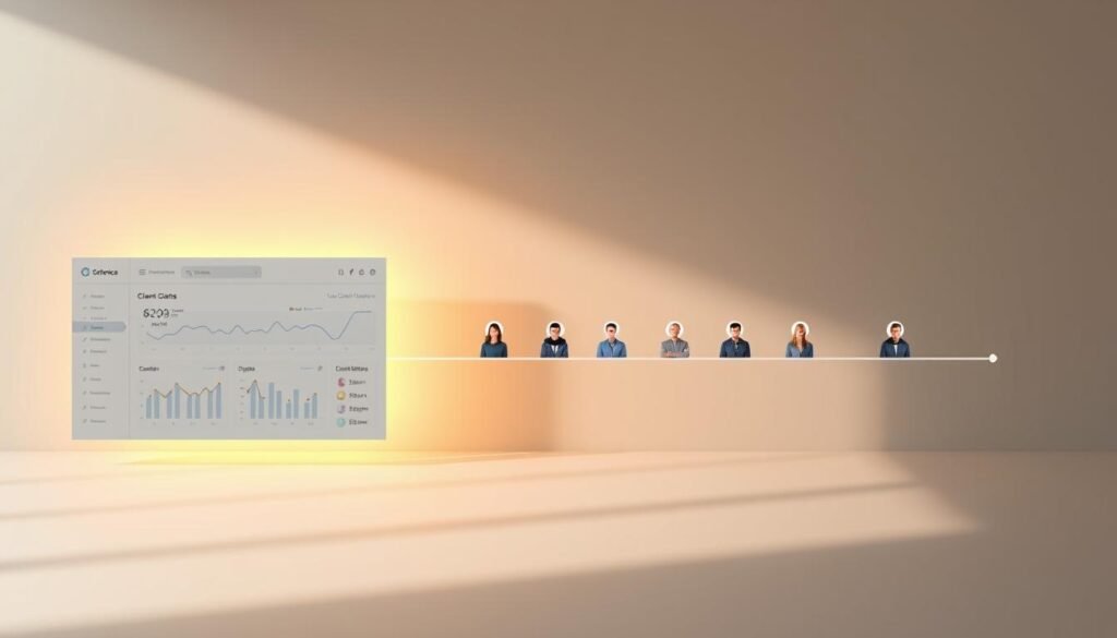 An elegant, minimalist visualization of a high-level client management pipeline. In the foreground, a clean, monochromatic dashboard displaying key metrics and insights, backlit by a warm, ambient glow. In the middle ground, a series of stylized client avatars and status indicators, moving fluidly through a streamlined workflow. The background features a subtle, geometric grid pattern, suggesting the underlying technical infrastructure that powers the system. Soft, directional lighting casts long shadows, creating depth and a sense of professionalism. The overall mood is one of sophistication, efficiency, and a commitment to client success.