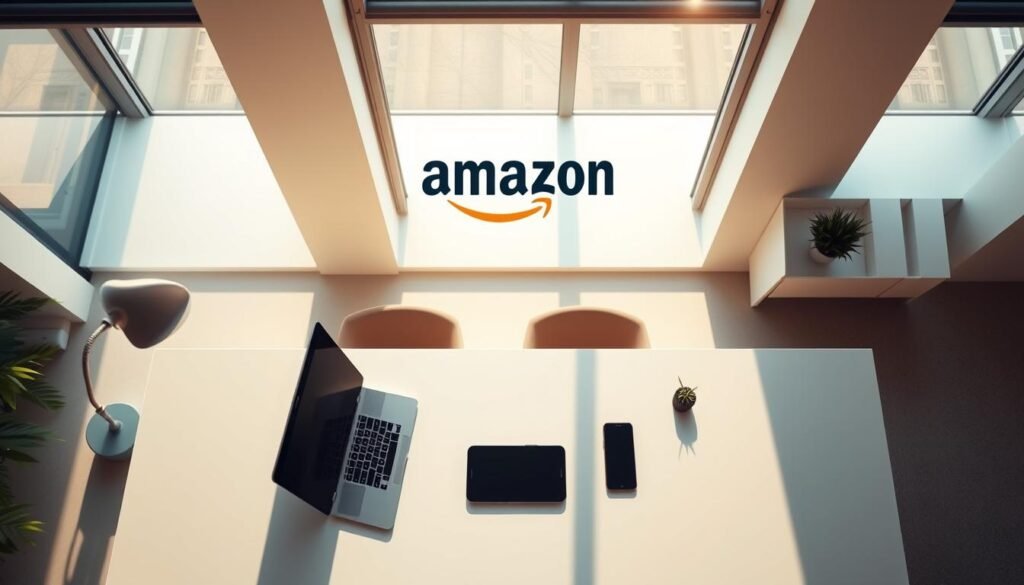 An overhead view of a sleek, modern office workspace with a laptop, tablet, and smartphone arranged neatly on a minimalist desk. The workspace is bathed in warm, natural light filtering in through large windows, creating a cozy and productive atmosphere. In the background, a stylized illustration of the Amazon Associates program logo hovers, subtly indicating the theme of the scene. The overall composition conveys the idea of effortless collaboration and digital empowerment, hinting at the opportunities available through the Amazon Affiliate program.
