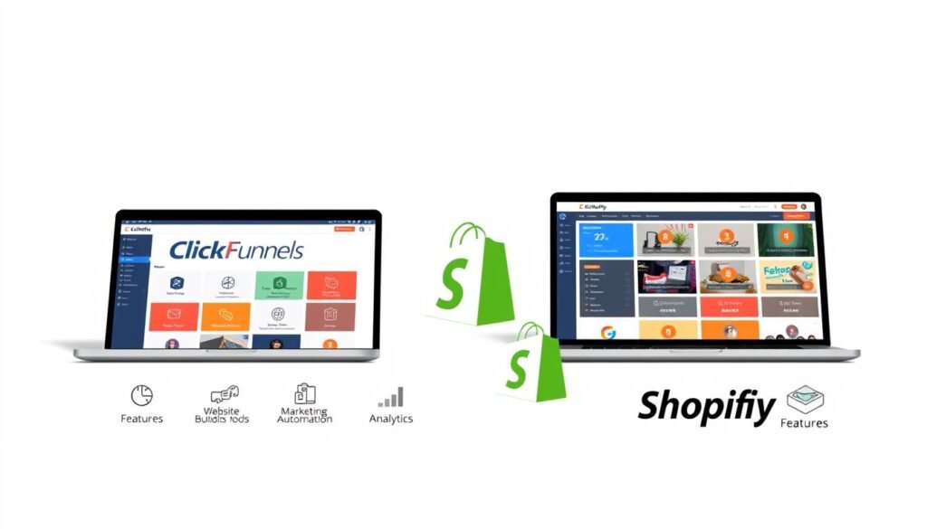 Comparison of ClickFunnels and Shopify Features: A photorealistic side-by-side illustration set against a clean white background. In the foreground, two identical laptop screens display the user interfaces of ClickFunnels and Shopify, their core features and functionalities highlighted in a clear, organized manner. The middle ground features stylized icons and graphics that visually represent key differences between the two platforms, such as ecommerce capabilities, website building tools, marketing automation, and analytics. The background is subtly lit from above, creating a sense of depth and emphasis on the central comparison. The overall composition is balanced, visually striking, and designed to effectively convey the core differences between these two prominent ecommerce solutions.