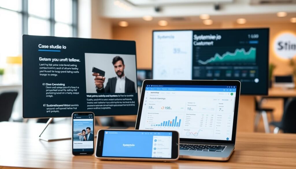 High-resolution image of several case studies and success stories featuring the systeme.io software platform. In the foreground, a laptop display showcases a series of customer testimonials and product reviews, with clean typography and professional imagery. In the middle ground, various mobile devices and digital screens display systeme.io dashboard analytics and performance metrics. The background features a blurred, modern office environment with warm lighting and subtle hints of the systeme.io branding. The overall composition conveys a sense of trust, credibility, and real-world applicability of the systeme.io platform.