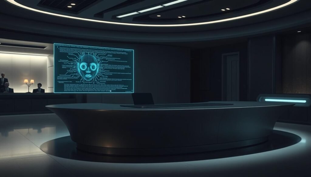 A futuristic office interior with a large, curved desk at the center. On the desk, an advanced AI writing assistant with a sleek, metallic body and a holographic display. The assistant's eyes glow with an intelligent, artificial light, reflecting the complex algorithms that power its language processing capabilities. The background is dim, with subtle ambient lighting that creates a focused, contemplative atmosphere. The overall scene conveys a sense of cutting-edge technology seamlessly integrated into a professional, productive work environment.