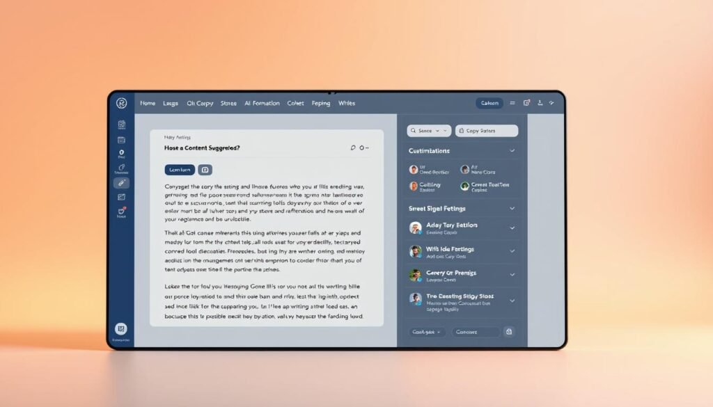 A sleek, modern digital copywriting tool interface set against a clean, minimalist background. The foreground features a central workspace with a text editor, content suggestions, and customization options. The middle ground showcases a navigation panel with various writing tools and workflow management features. The background is a subdued gradient or subtle pattern, providing a polished, professional aesthetic. Warm, directional lighting casts a gentle glow, creating depth and drawing the eye to the core functionalities. The interface design is intuitive, with a balance of sophistication and user-friendliness, reflecting the powerful yet accessible nature of the AI writing support platform.