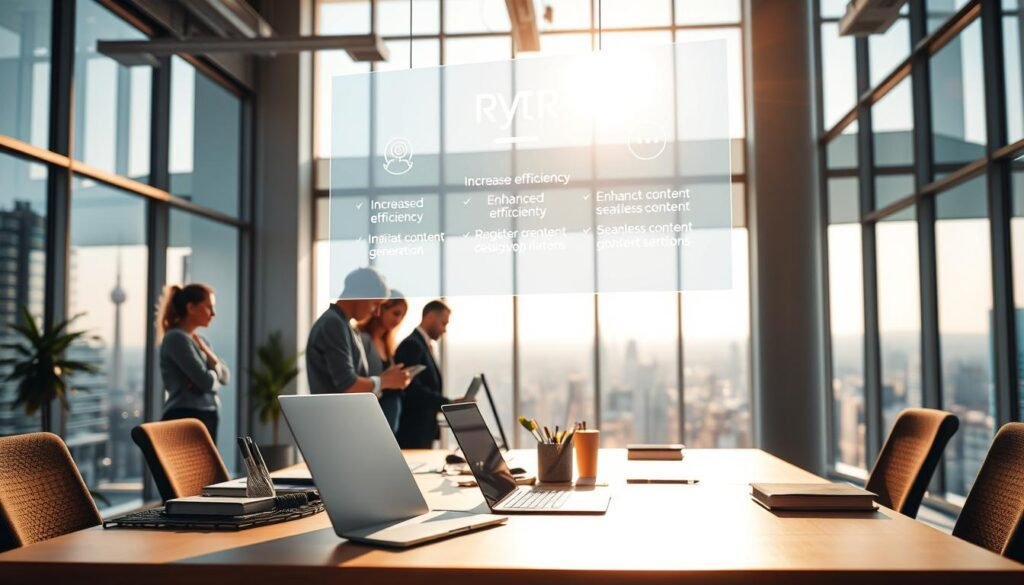 An expansive, light-filled office space, with large windows overlooking a vibrant city skyline. In the foreground, a desk sits prominently, adorned with a sleek, modern laptop and an assortment of productivity tools. Suspended above, a holographic interface displays key benefits of Rytr's intelligent AI writing support - increased efficiency, enhanced creativity, and seamless content generation. The middle ground features a team of professionals, each engrossed in their work, their faces illuminated by the glow of their screens. In the background, a panoramic view of the cityscape, reflecting the dynamic and innovative nature of the content creation process powered by Rytr. Warm, natural lighting infuses the scene, creating a sense of productivity and inspiration.